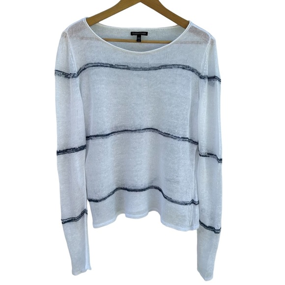 Eileen Fisher Tops - Eileen Fisher 100% organic linen white w/blue stripe knit longsleeve top size L